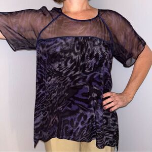 Rebecca Taylor Silk Cheetah Blue Short Sleeve Blouse Top